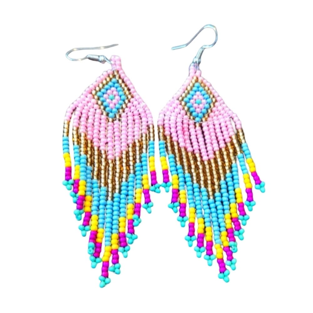 BEADED Boho Fringe Earrings Pink Turquoise Gold Hand Crafted